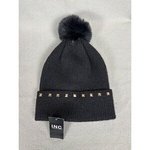 I.n.c. International Concepts Women's Studded Cuffed Pom Pom Beanie Black OS NWT